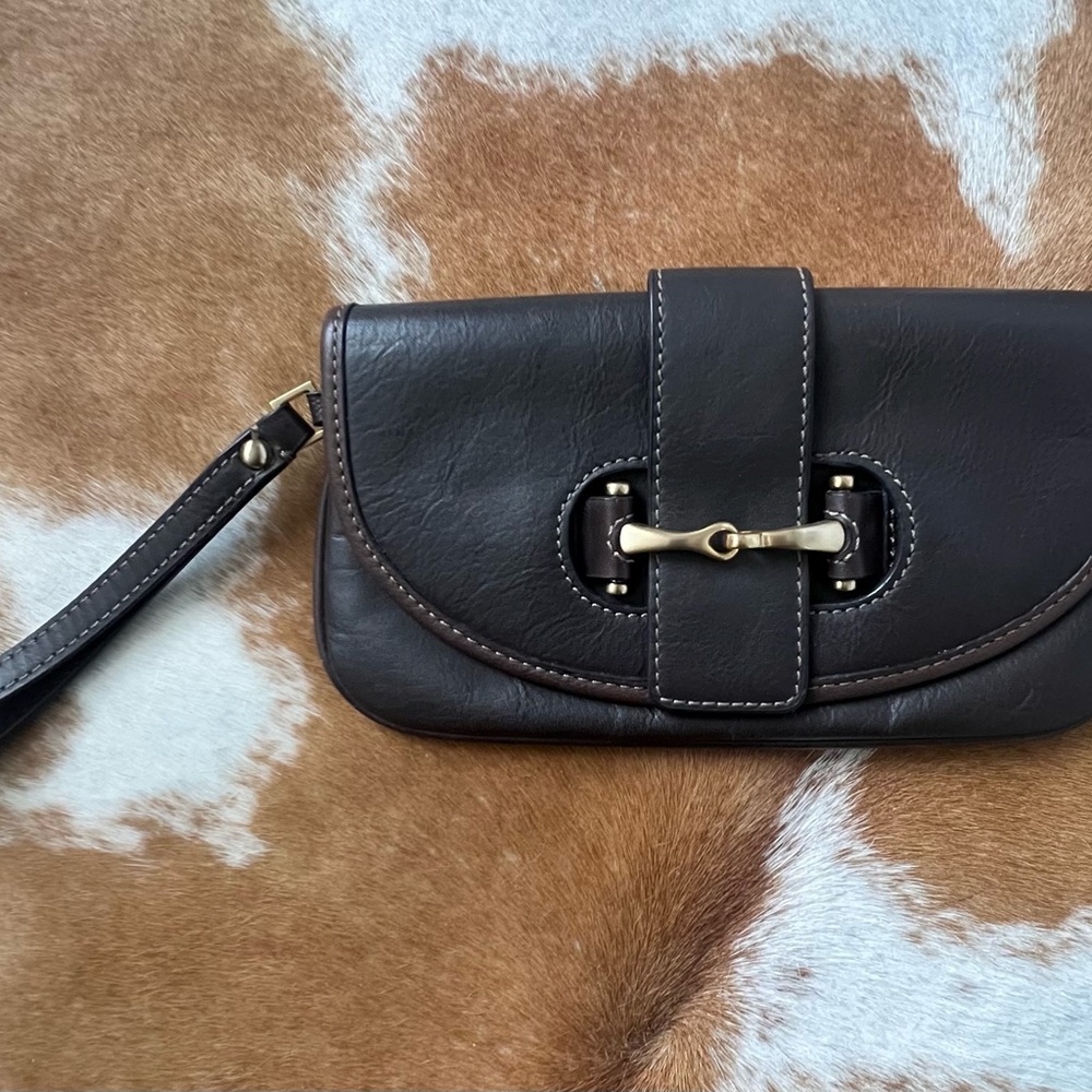 Ann Taylor Dark Brown Wristlet Clutch with Gold Accent - Stylish, Like New